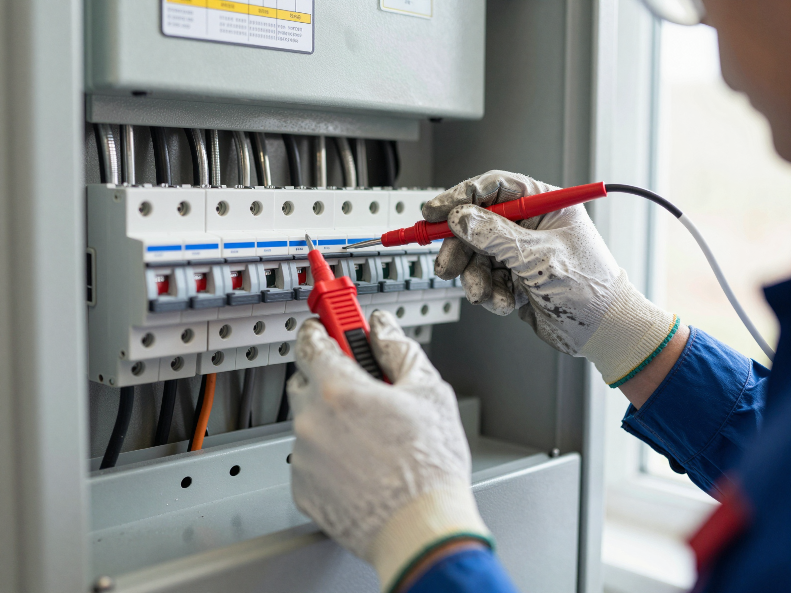 Professional electrician inspecting electrical panel with voltage tester