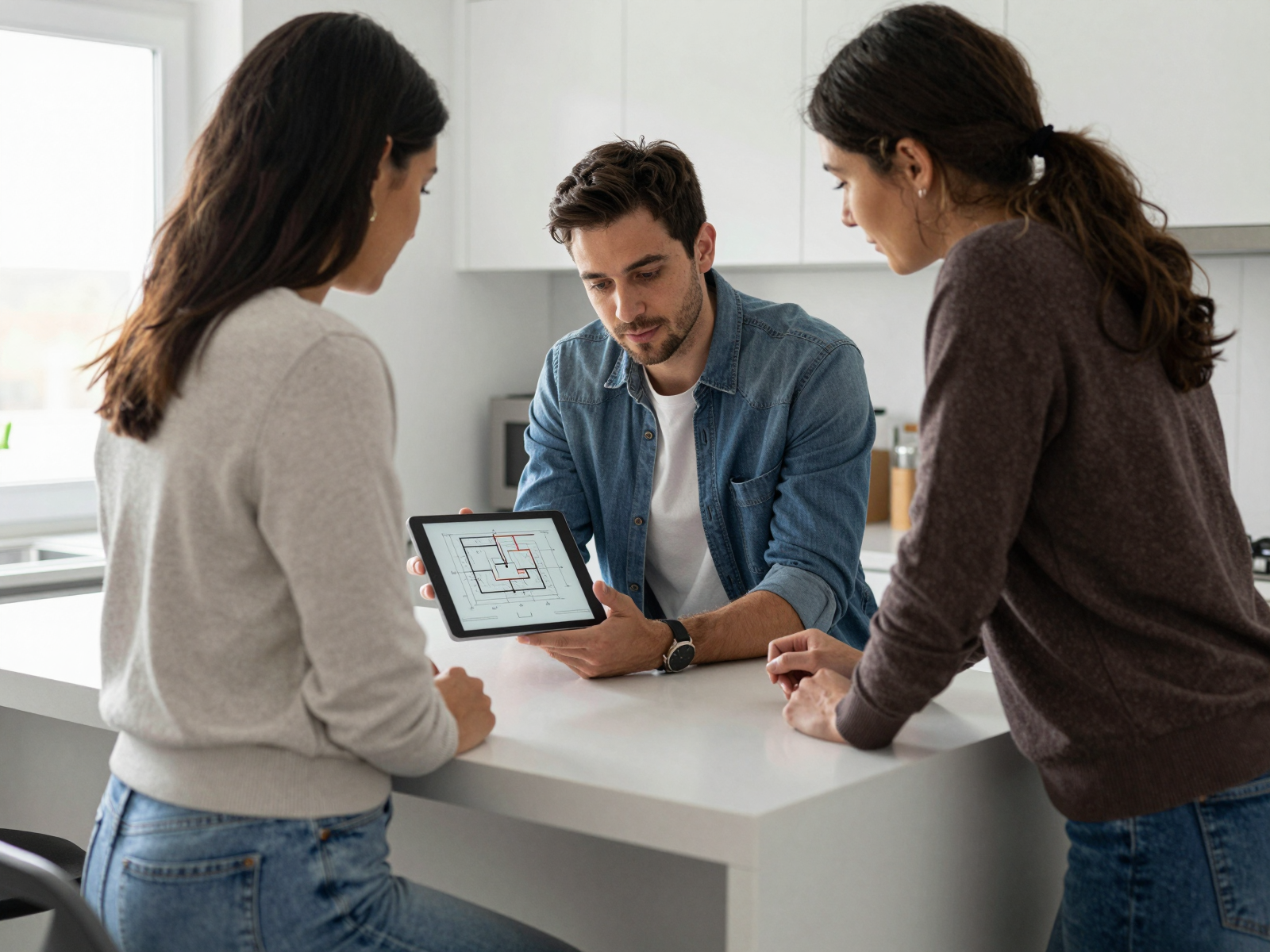 Electrician consulting with homeowner about wiring diagram